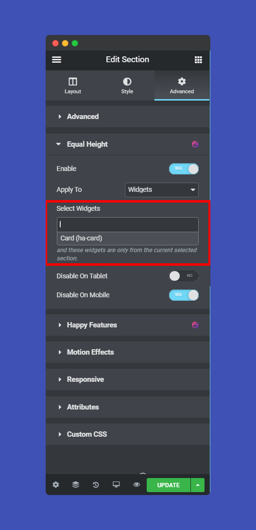 Setting equal hieght feature Step 5 Disable Mobile and Tablet Modes